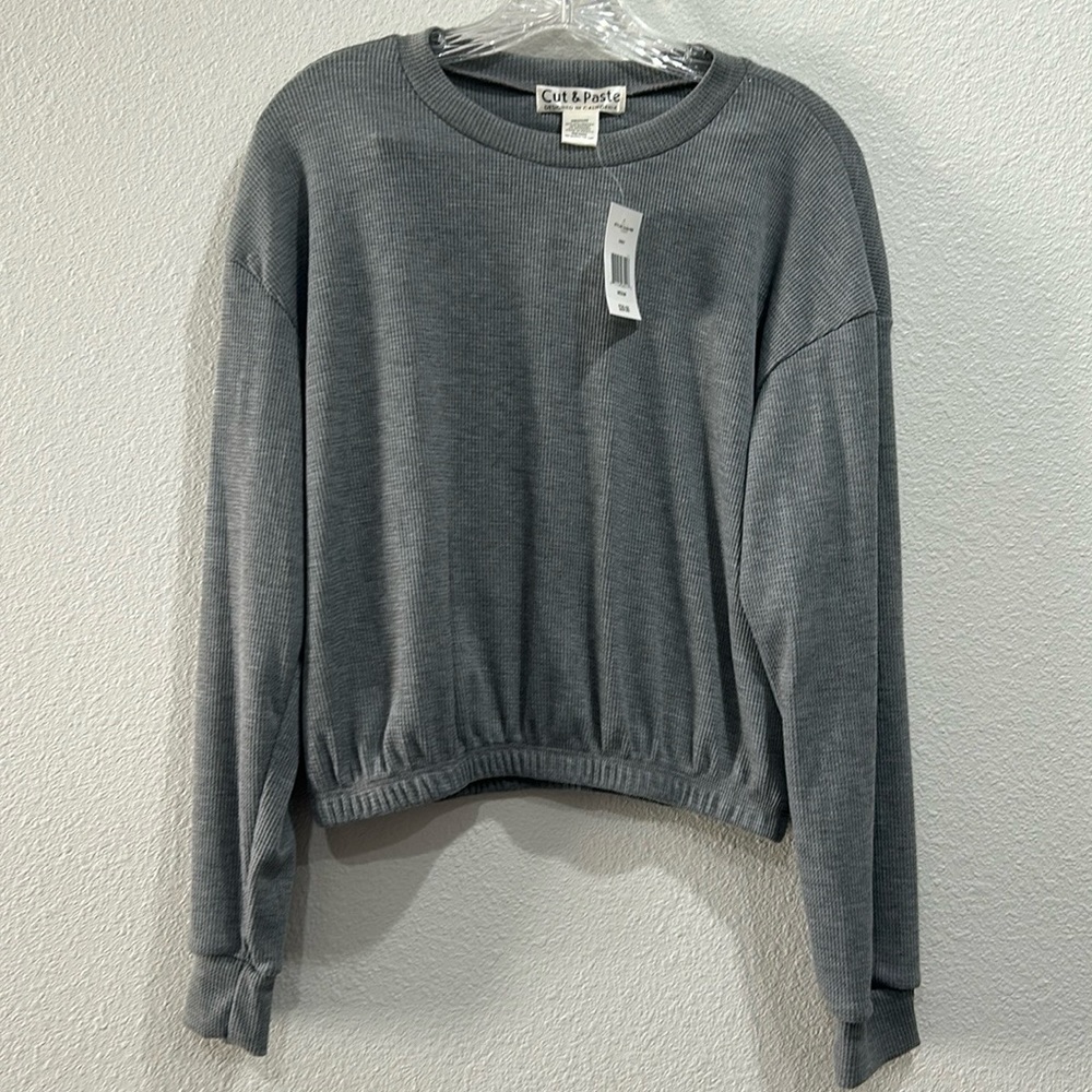 Cut & Paste Knit Crew Neck Oversized Cropped Longe Sleeve Sweater SZ Medium NWT